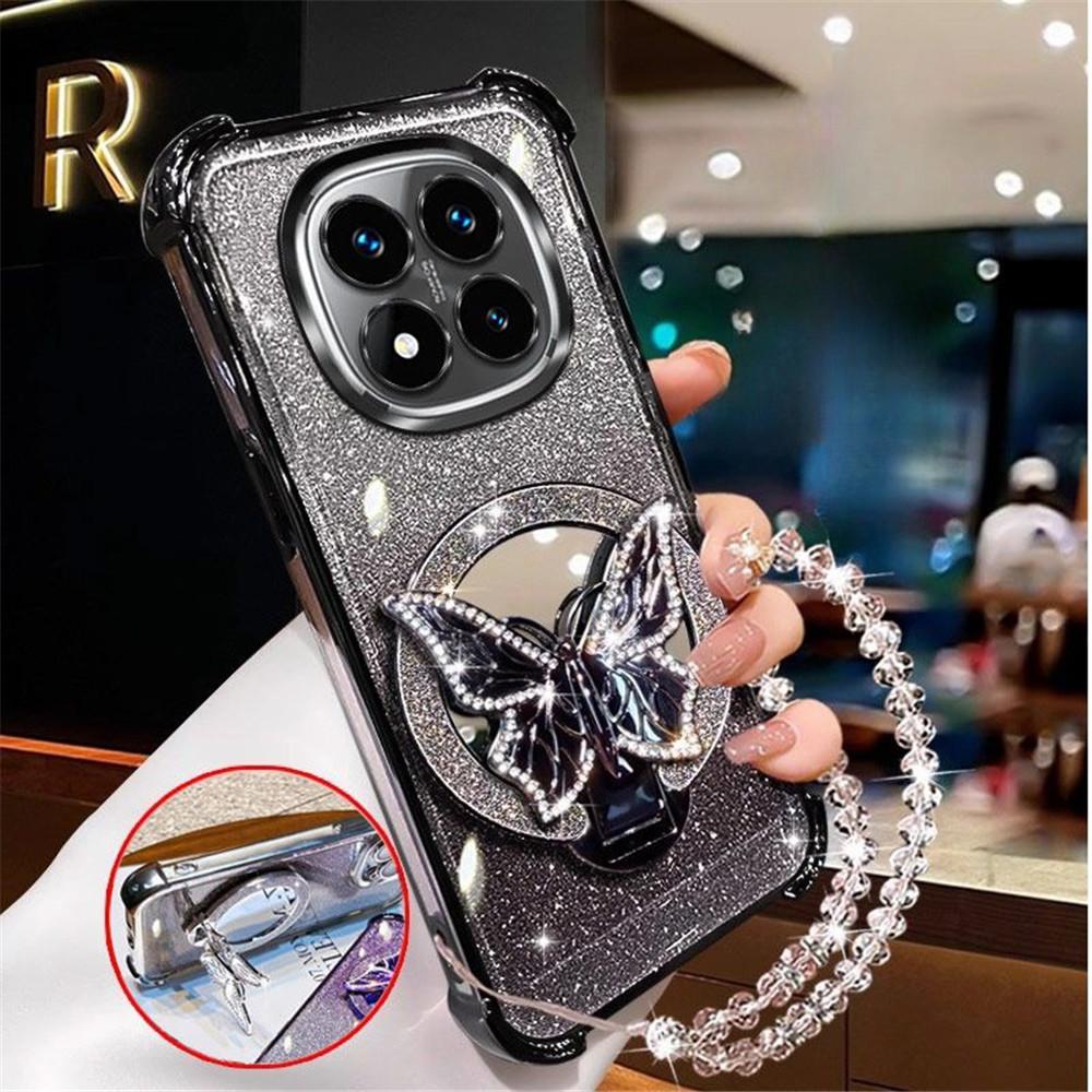 Crystal Bracelet Glitter Butterfly Mirror Stand Case For Xiaomi Poco X7 X6 X5 X3 Pro F7 M8 M6 F6 POCO C65 C75 Shockproof Cover