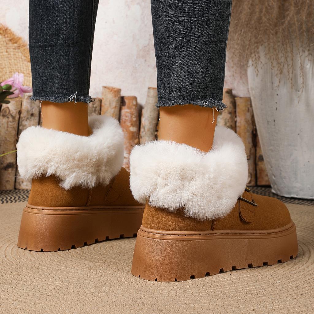 Thick Bottom Plush Winter Snow Boots Women Fluffy Faux Fur Platform Ankle Boots Woman Buckle Strap Non Slip Warm Cotton Shoes