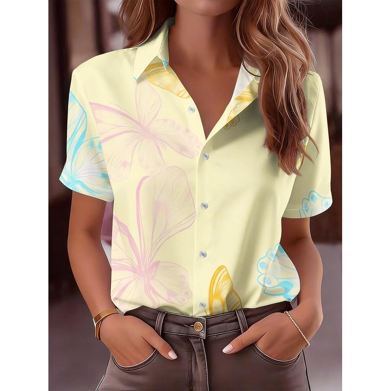 2026 Women Short Sleeve Shirt Fresh Butterfly Print Soft Elegant Temperament Comfortable Skin Friendly Daily Commute Casual All