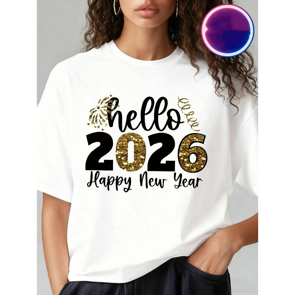 T-Shirt mit Neujahrsmotiv 2026 – Modisches Design für Damen und Herren – Lässiges Kurzarm-T-Shirt mit Rundhalsausschnitt und Aufdruck „Frohes Neues Jahr 2026“