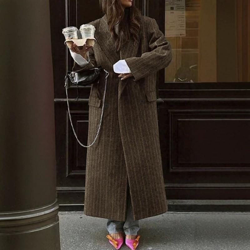 Womens Oversized Long Wool Blend Coat Winter Striped Loose Fit Trench Style Outerwear