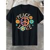 European Sizes Retro 60s 70s Hippie Peace & Love Graphic T-Shirt - Cotton, Black with Colorful Floral Design, Casual Crew Neck Tee for Men