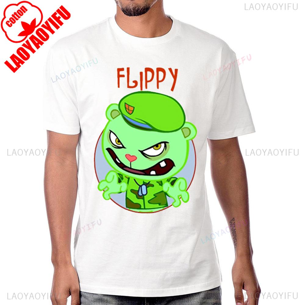 T-shirt imprimé Happy Tree Friends style anime vintage années 90, manches courtes, été, homme, noir, humour, 100% coton