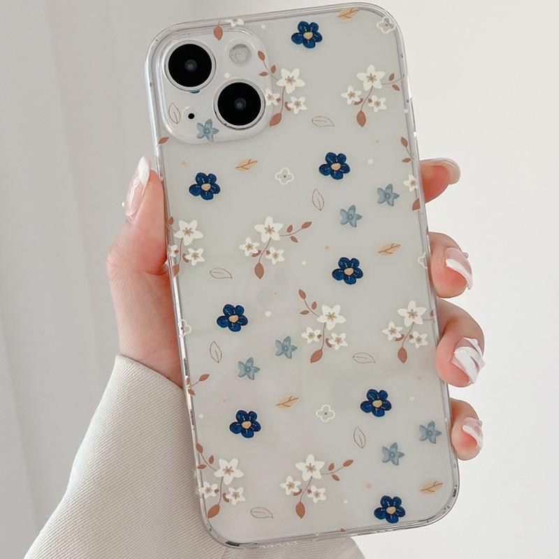 Blue and White Floral Pattern Transparent Soft Phone Case for iPhone 16/15/14/13/12/11/X - European and American Style