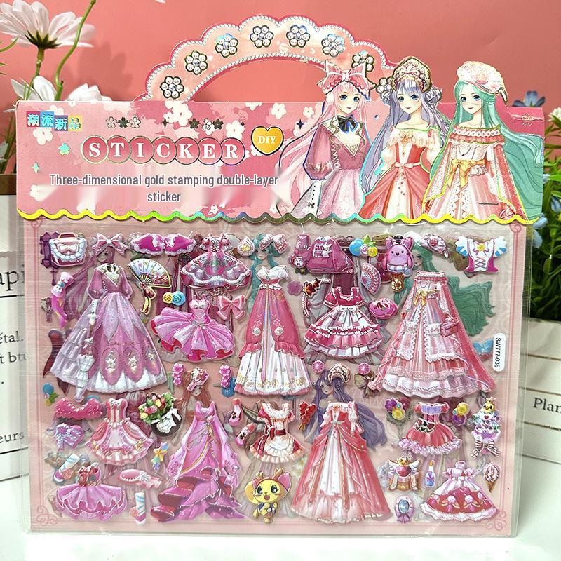Set Autocolante 3D Rochii de Prințesă: Rochie cu Personaj de Desene Animate și Set de Pictură cu Strat Dublu pentru Copii