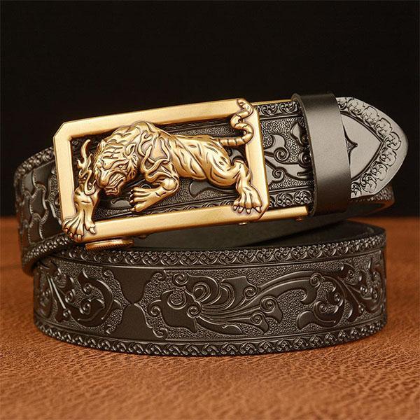 Male Belt Genuine Leather Belt for Men Carving Flower Pattern Animal Tiger Gold Automatic Buckle Belt Strap for Jeans