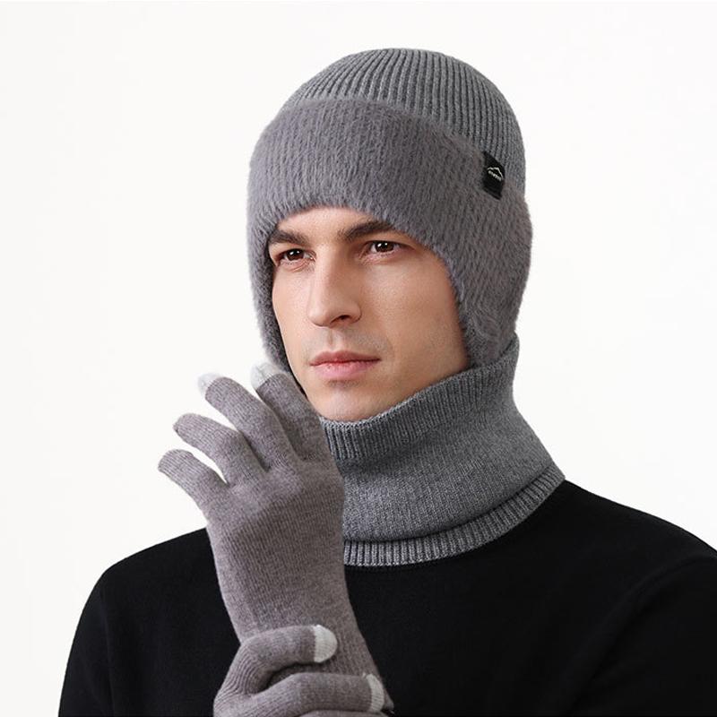 Wool Hat Men's Winter Outdoor Warm Hat Scarf Gloves Suit High Elastic Knitted Hat