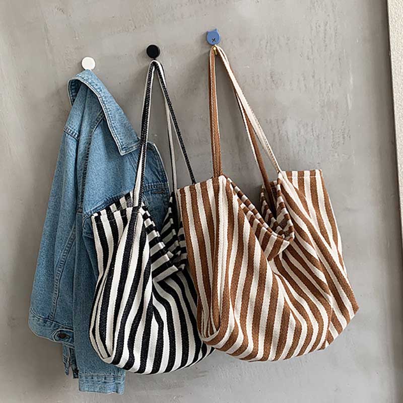 Women'S Tote Bag Striped Canvas Casual Handbags For Women Simple Shopping Large Capacity Woman Shopper School Shoulder Bag Quality