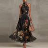Women's Halter Neck Sleeveless High Waist Maxi Dress Floral Print Split Maxi Dress