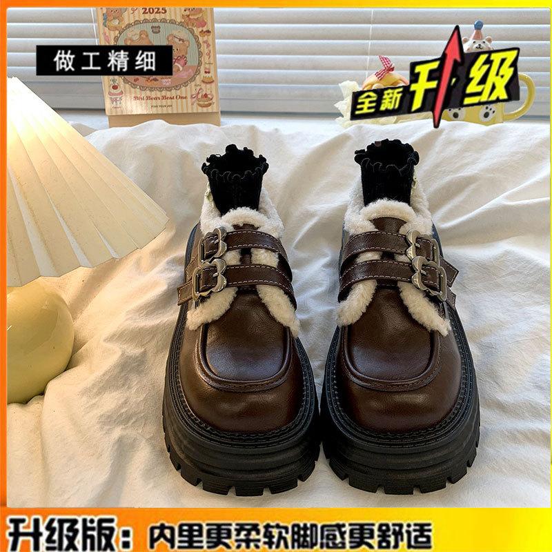 Leather Velvet Loafers Cotton Shoes Children's Shoes Versatile Autumn and Winter New Thick-soled Fluffy Mary Jane Small Leather Shoes