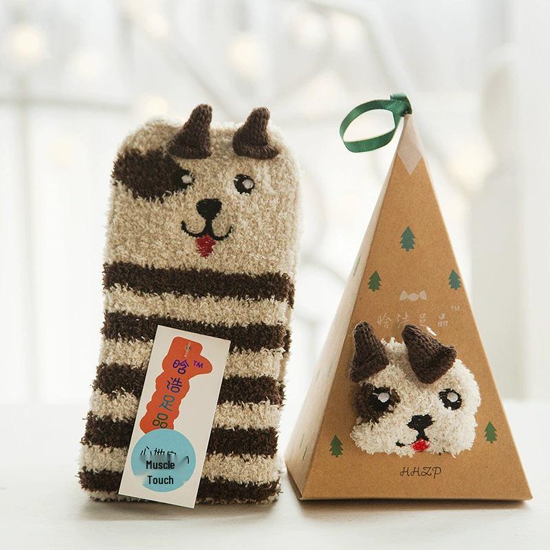 Japanese Christmas Cartoon Socks: Cozy Coral Fleece with 3D Embroidery for Women