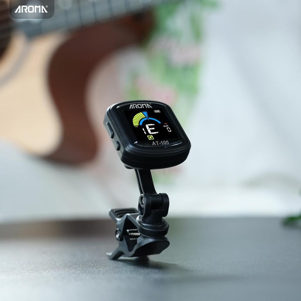 Aroma Clip Tuner, Rechargeable, Fast Tuning, High Precision, Chromatic Mode, 360-Degree Rotation, Color LCD, Compatible with Guitar, Bass, Ukulele,