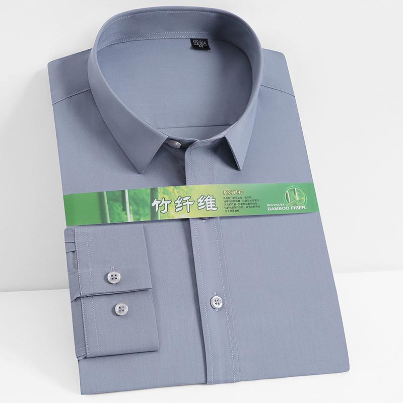 Men's Classic Long Sleeve Stretch Bamboo Fiber Basic Dress Shirt Pocketless Standard-fit Business Work Office Easy-Care Shirts