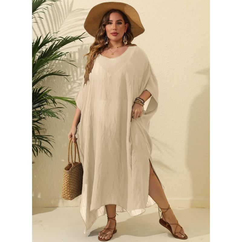 Plus Size Women's Solid Color Loose Smock Beach Holiday Split Mopping Long Dress