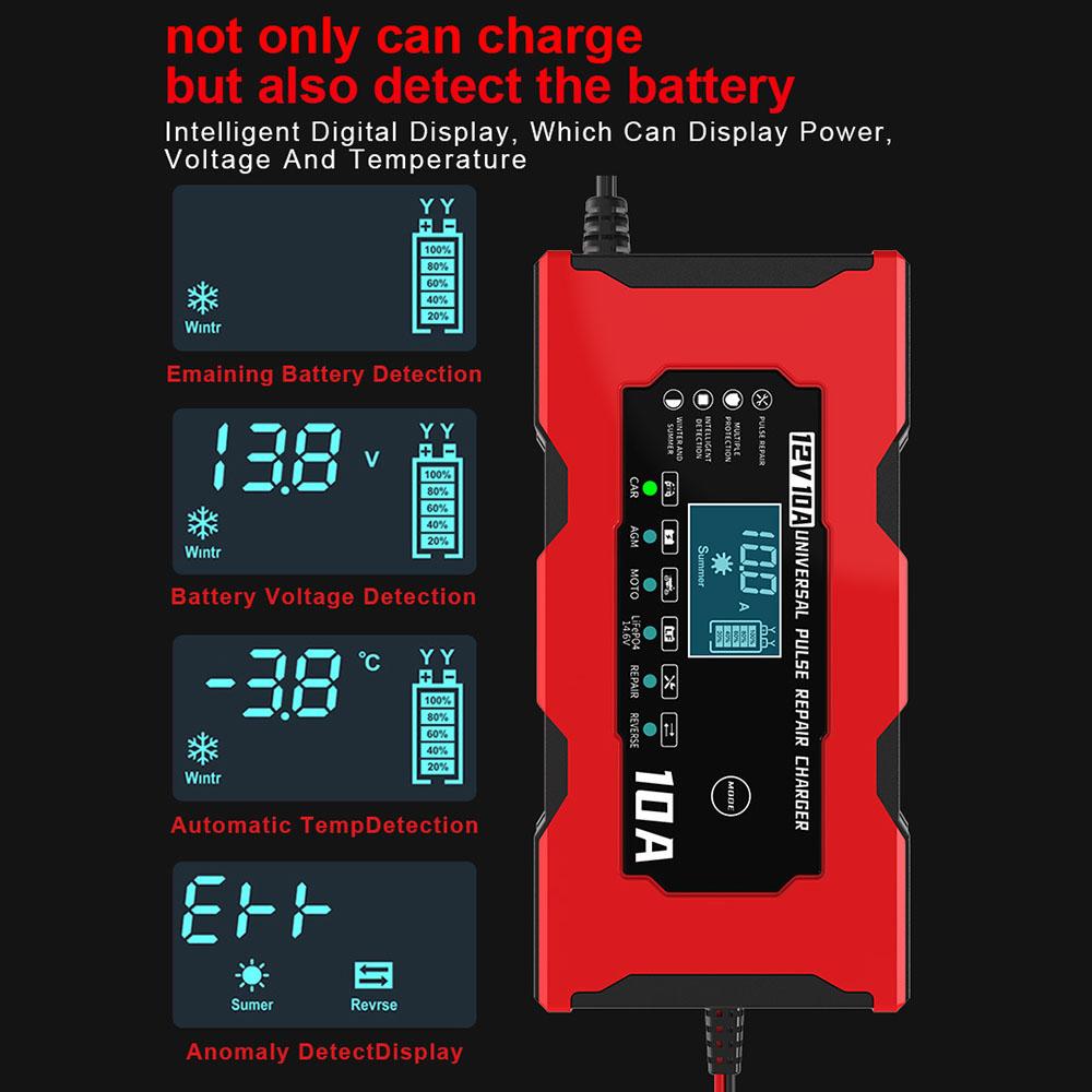 Smart Battery Charging Car Battery Charger 14.6V 10A Iron Lithium Charger Pulse Repair EU/US Plug Silent Fan Digital LCD Display 12V 10A