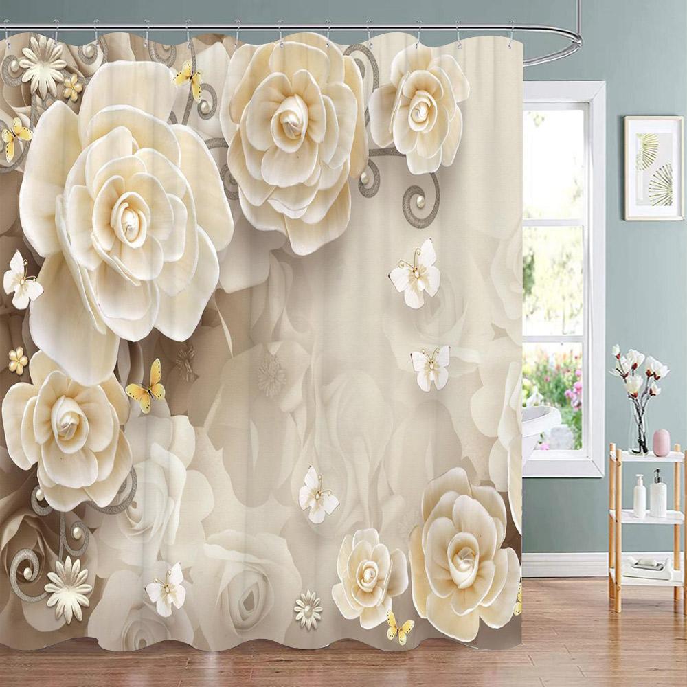 Elegant And Fashionable Fantasy Pearls And Diamonds Bouquet Shower Curtains 3D Style Relief Sculpture Bath Curtain Bathroom Deco