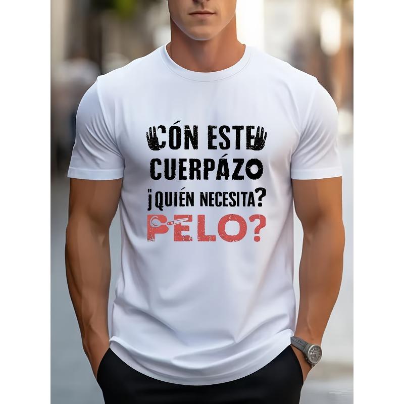 European sizes Spanish Letter Print Men'S Crew Neck Short Sleeve Tees | Trendy, Casual Comfy, Versatile Top for All Seasons, Regular Fit