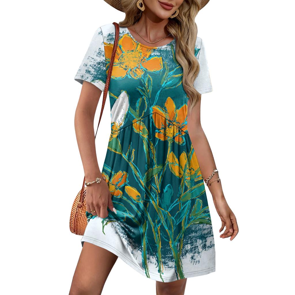 Women’s Short Sleeve Floral Print Crew Neck Casual Waist Tie Dress with Pockets Relaxed Fit Summer Style