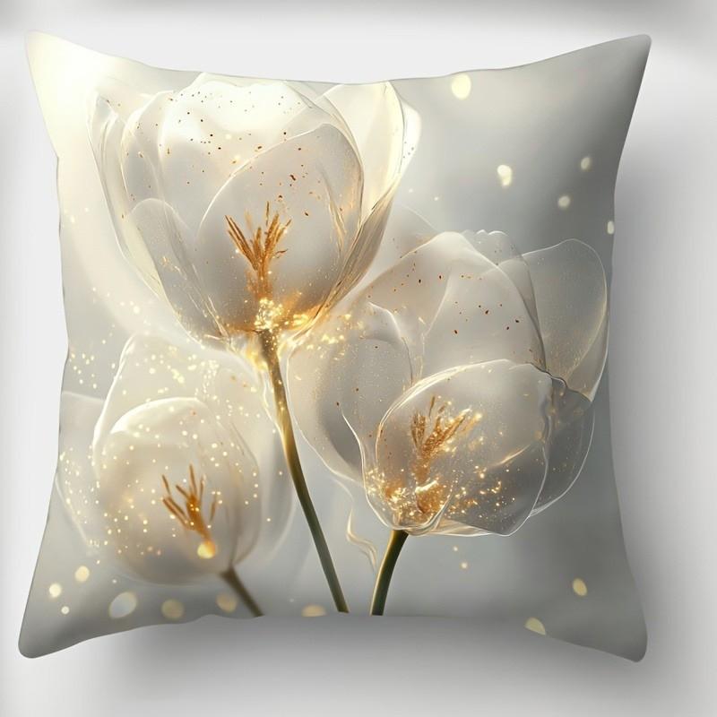 Glittering White Tulips Pillow Covers Pattern Cushion Cover Suitable For Sofa Bedroom Car Pillow Cover