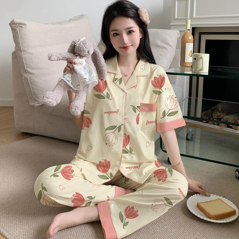 Peach Print Large Size Pajamas Women's Summer New Imitation Cotton Short-sleeved Trousers Medium Mother Loungewear