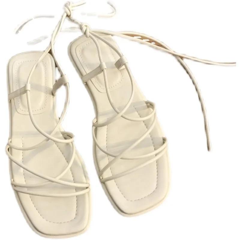 Summer Shoes Women Sandals Narrow Band Vintage Square Toe Flat Cross Strap Thong Sandals V Shape Design Shoes Women