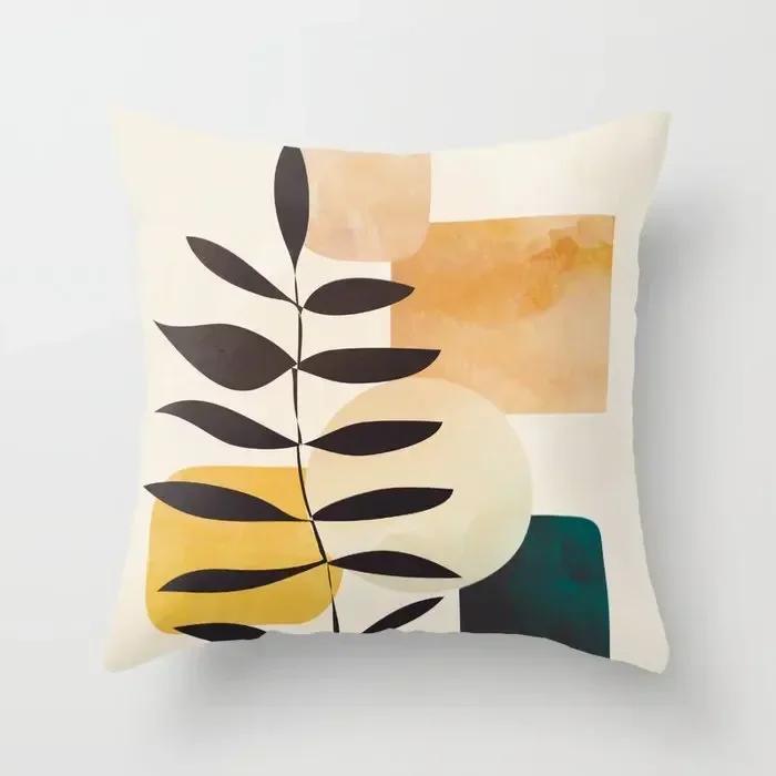 Yellow Orange Brown Abstract Art Cushion Covers Geometric Plants Sunrise Woman Portrait Painting Decoration Pillow Case 45x45cm
