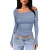 Fashion 2024 Slim Fit Womens White T-shirt Solid Long Sleeve Pleated Tops T-shirt For Women Autumn Skew Collar T Shirts 30613