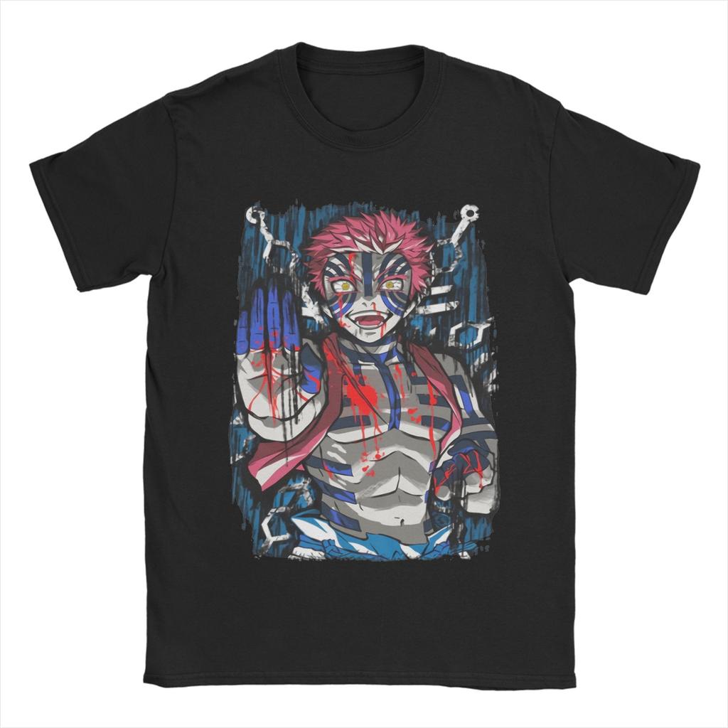 Demons Slayers akaza Tshirts Men 100%Cotton Tops Hip Hop Anime Crewneck Short Sleeve