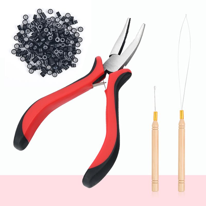 Haarverlängerungsset Einfädler Zughaken und Haarverlängerungszange und 200 Stück 5 mm Ringe