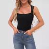 Women Summer Vest Square Collar Wide Shoulder Strap Sleeveless Tank Tops Solid Color Slim Fit Ribbed Camisole