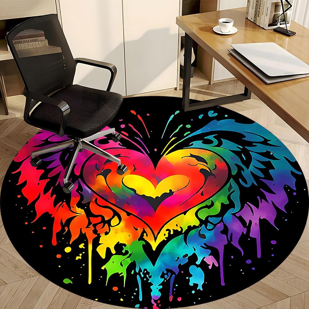 1PC Heart Rainbow Office Round Area Rug, Mat Suitable ForOffice, Under Office Chairs Bedroom Living Room Home Decor, Room Deco