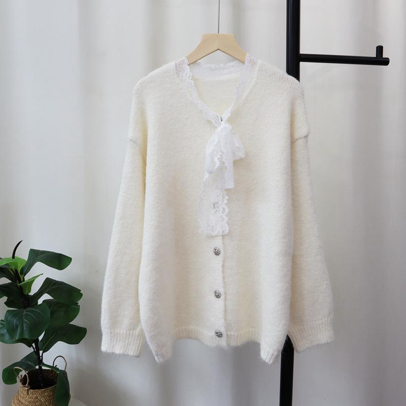 Autumn and Winter New Loose Splicing Lace Knitted Cardigan Soft Waxy Sweet Gentle Wind Sweater Jacket Women