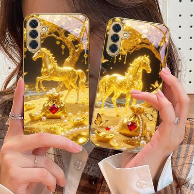 El Caballo de Lucha Dorado Para Samsung Galaxy S20 FE S21 S22 S23 Plus S24 Ultra 25Ultra S21+ S9+ S22Plus Funda de teléfono de cristal dorado