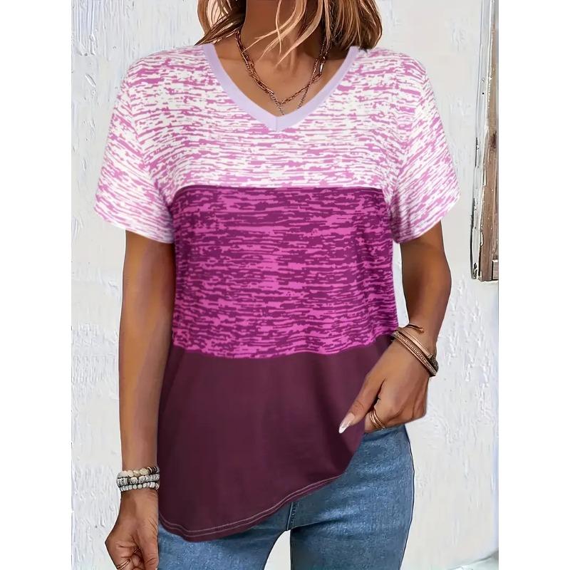 V-neck T-shirt Women's Short-sleeved Summer Fashion Trend Short-sleeved Tops Stripes Versatile Oversize Loose Ladies Clothing