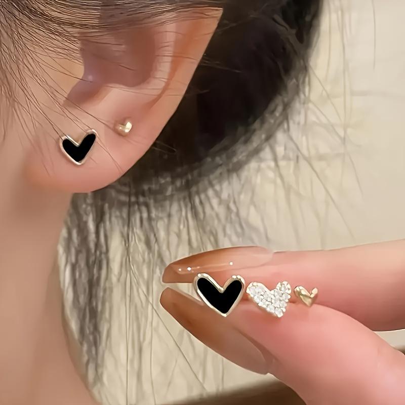 Heart-Shaped Stud Earrings For Women Exquisite Rhinestone Black Drip Oil Elegant Compact Jewelry Daily Party Gift