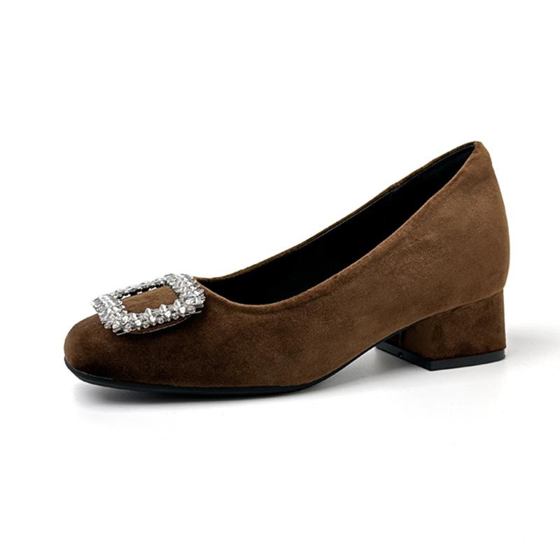 Growing height is not tiring, feet square head shallow mouth high heels women's new daughter feng shui diamond square buckle thick heel single shoes