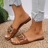 2024 New Fashion Women's Slippers Square Toe Chain Slippers Flat Slide Sandals Beach Flip Flops Metal Decoration Casual Shoes