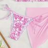 3Pcs/Set Swimsuit Set Halter Chest Pads No Steel Support Bra Swimming Briefs Cover Up Skirt Set Contrast Print Split Swimsuit