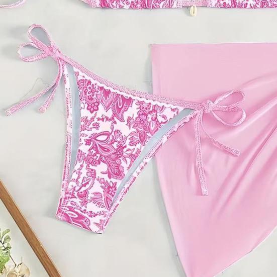 3Pcs/Set Swimsuit Set Halter Chest Pads No Steel Support Bra Swimming Briefs Cover Up Skirt Set Contrast Print Split Swimsuit