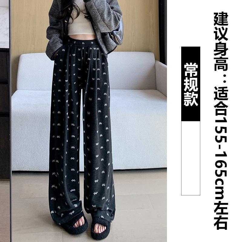 Grey bow sweatpants women's spring and autumn new high-waisted straight lazy wind small drape wide-leg pants
