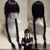 Quarta-feira addams peruca cosplay meninas preto longo trançado peruca quarta-feira cosplay cabelos sintéticos perucas de halloween para mulher