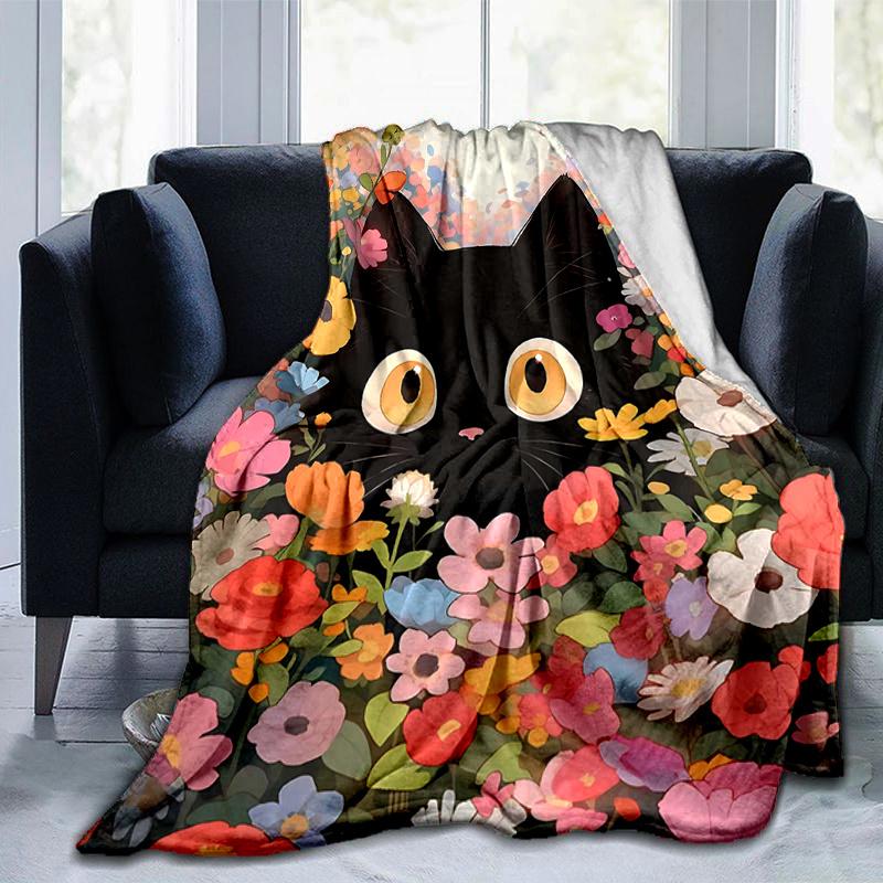 1pc Flowery Black Cat Themed Blanket Seasonal Home Decorative, Living Room, Travel, Camping, Car Blankets