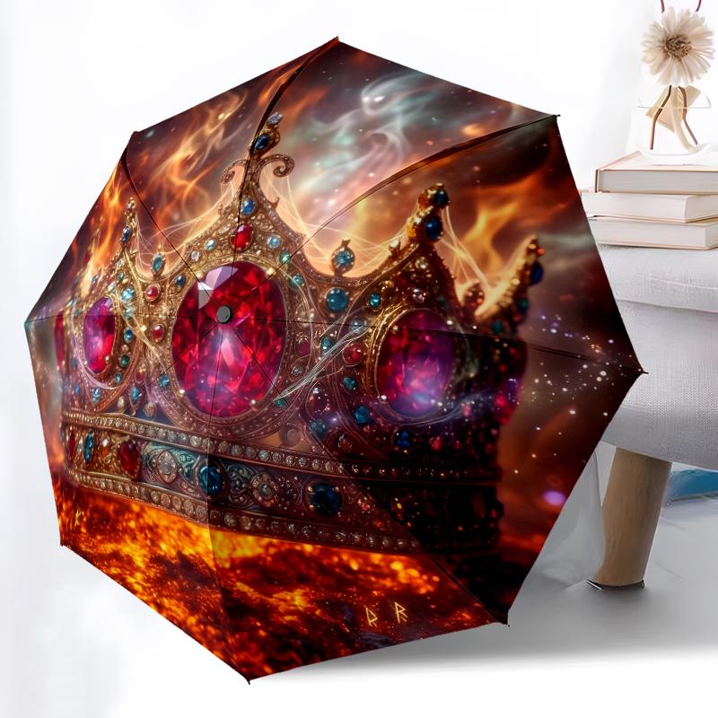 1pc Sturdy 8-Bone Auto Umbrella, Crown Umbrella, Digital Printed, Foldable Umbrella for On-the-Go Outdoor Use