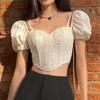 Moda Streetwear Topuri subțiri pentru femei Gât cu inimă Puff cu mânecă scurtă, cu cravată, pulover neregulat, cămașă fără spate pentru femei