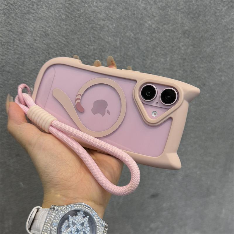 Sött Magsafe-skal med kattöron för iPhone 13 14 15 16 Pro Max 11 12 15 16 Plus Transparent PC TPU-pansarskal med handledsremkedja