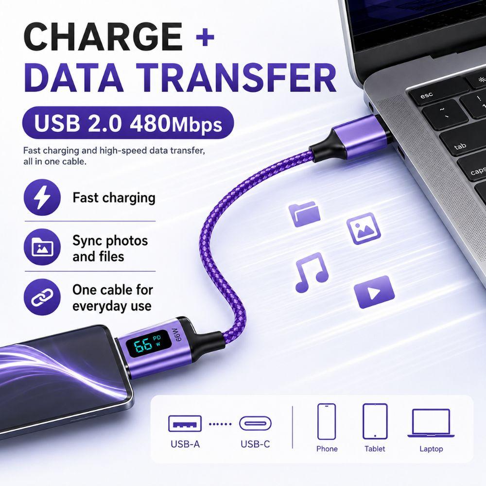 Nylon Braided Digital Display Cord 66W Fast Charging Data Cable  Phone Charging