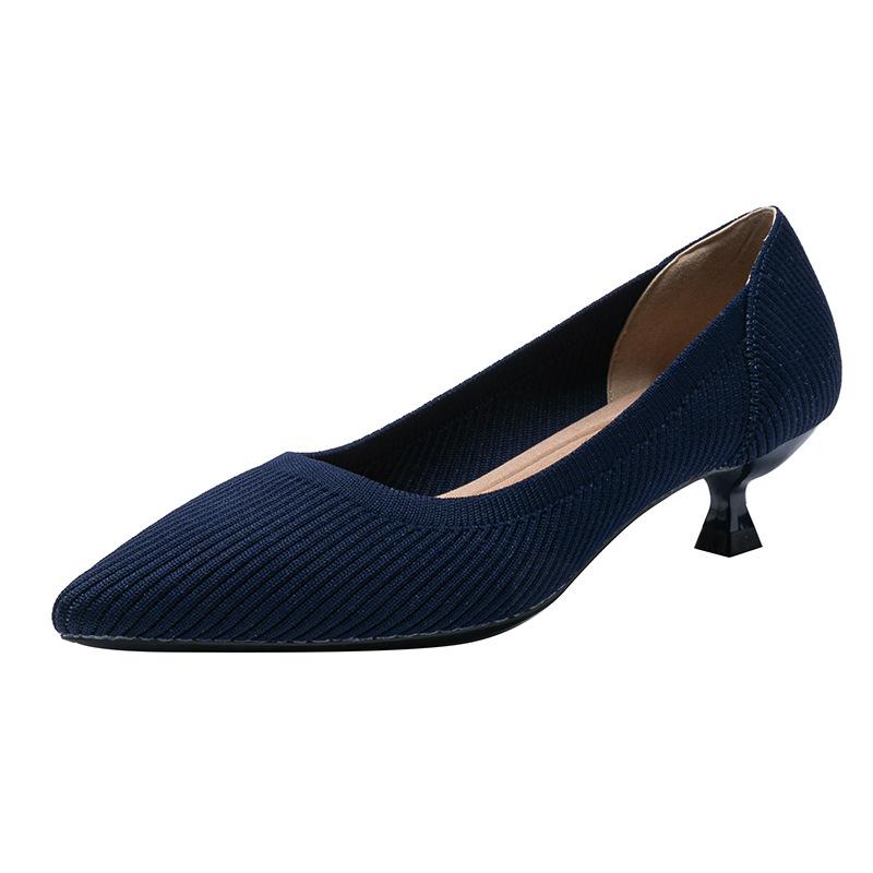 Women's Solid Pumps Kitten Heels Pointed Toe Knit Slip On Low Heel Casual Formal Dress Shoes Work Office Business Chunky Heels Dressy Heels for Women