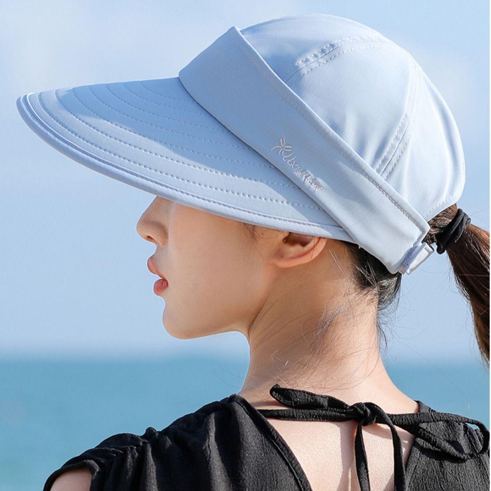 Outdoor Wide Brim Women Summer Sun Hat UV Protection Detachable Empty Top Ponytail Cap Adjustable Foldable Beach Cap