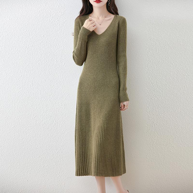 Women Sweater Dress 100% Wool MODERN NEW SAGA V-neck Knit Long Pullover Winter Jumpers Wool Long Dress Female