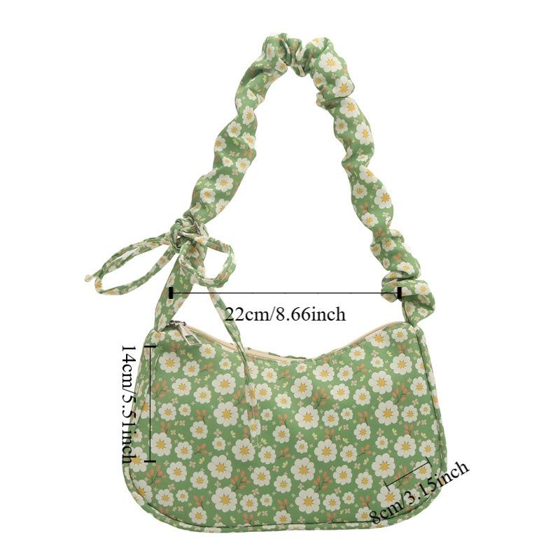 Elegant Flower Pattern Printing Shoulder Bag Bow Wrinkle Sweet Canvas Bag Underarm Bag Large Capacity Lovely Tote Bag Travel